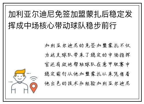 加利亚尔迪尼免签加盟蒙扎后稳定发挥成中场核心带动球队稳步前行